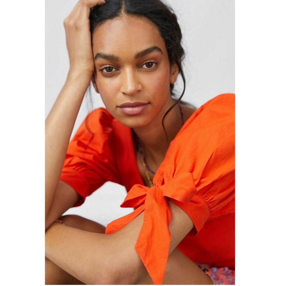 Anthropologie Maeve Orange Puff Sleeve Blouse - size small - Picture 3 of 7